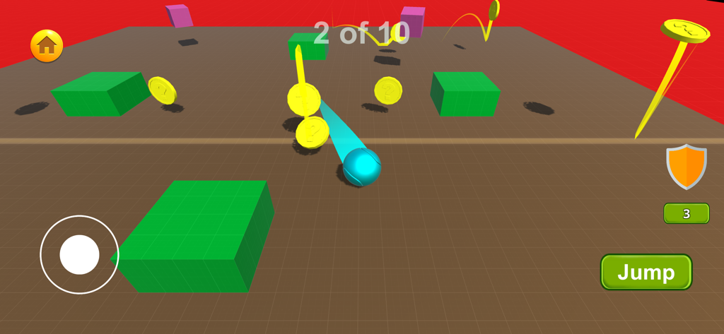 Mass Bounce Dollen - Gameplay of Mass Bounce Dollen featuring a cyan ball navigating a grid with green blocks and yellow coins