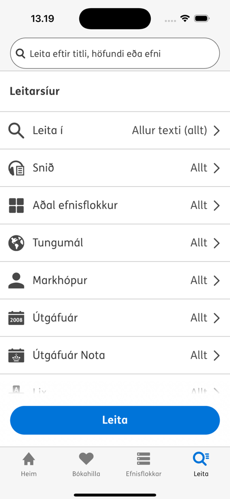Hljóðbókasafn Íslands - Search filter screen in the Icelandic Talking Book Library app showing various search categories and a search button.