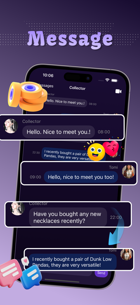 Live Chat，Content Share -Snivo - Ein Smartphone, das die Nachrichtenoberfläche der Snivo-App zeigt, auf der Benutzer über ihre Sammler-Sneaker und ihren Schmuck chatten