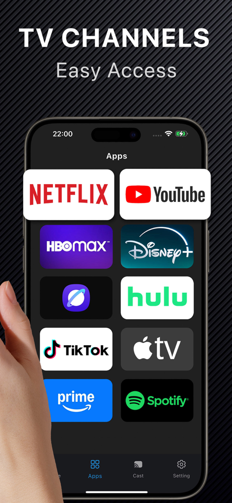 Smartphone screen displaying shortcuts to streaming apps like Netflix and YouTube within the Universal TV Remote interface.