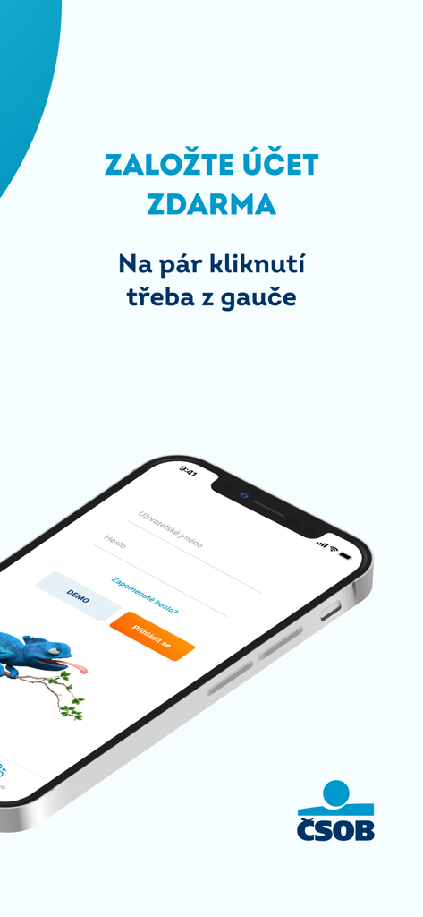Smartphone exibindo a página de login e registro do aplicativo bancário móvel ČSOB Smart.