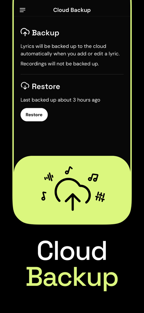 Fast Rhymes Songwriting Studio - Captura de pantalla de la pantalla de Copia de Seguridad en la Nube de la aplicación Fast Rhymes que muestra copias de seguridad y restauración automáticas de letras.