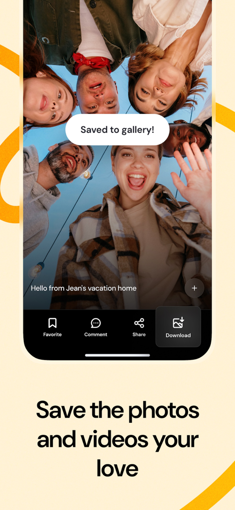 Airbum - Share photos & videos - Screenshot of the Airbum app showing a group vacation photo with a notification stating it was saved to the gallery.