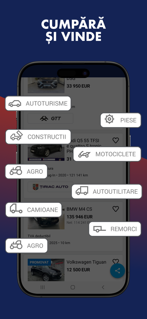 Autovit.ro:  Car Marketplace - Autovit.ro app interface showing vehicle categories for buying and selling cars and machinery.