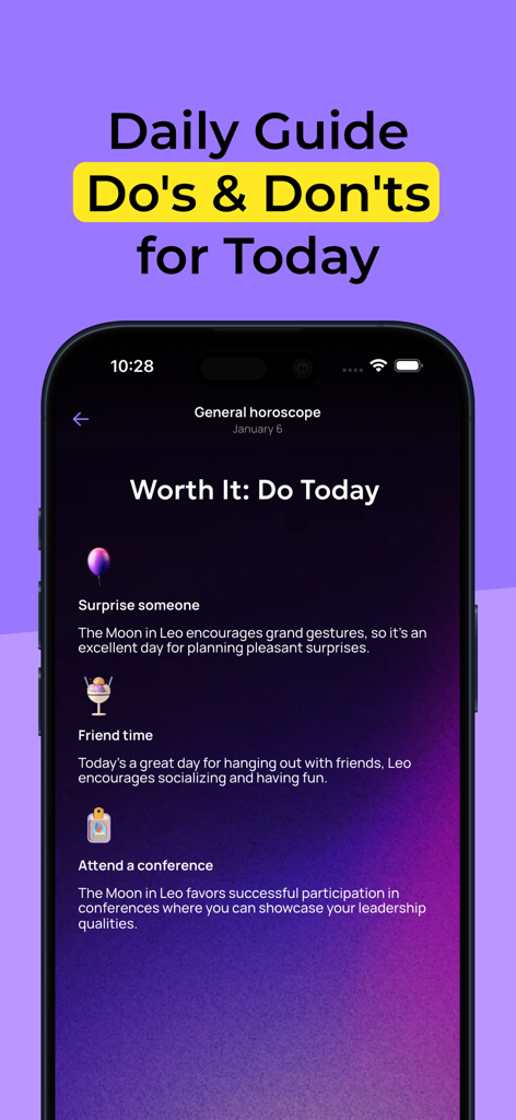Interfaz de la aplicación Stargaze que muestra recomendaciones personalizadas de actividades diarias basadas en las fases lunares astrológicas.