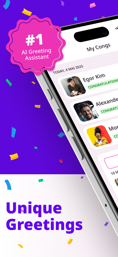 Interface de l'application CongAI de souhaits d'anniversaire montrant une liste de contacts et des salutations uniques générées par IA