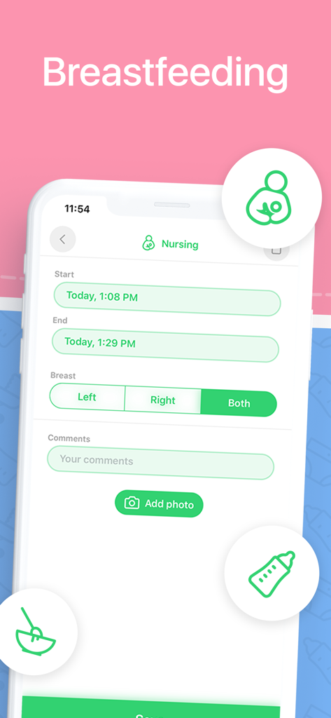 Oberfläche zur Protokollierung des Stillens und Trinkens in der mobilen Baby Tracker App mit Anzeige von Zeit und Auswahl der Seite.