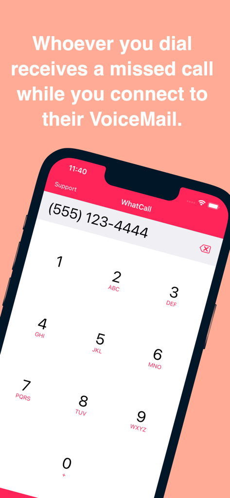 WhatCall app interface showing a dial pad to send calls directly to voicemail
