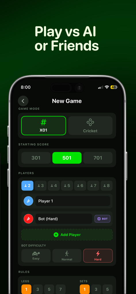 Darts Scoreboard: 501 & 301 - Setup screen for a new darts game against an AI bot or friends