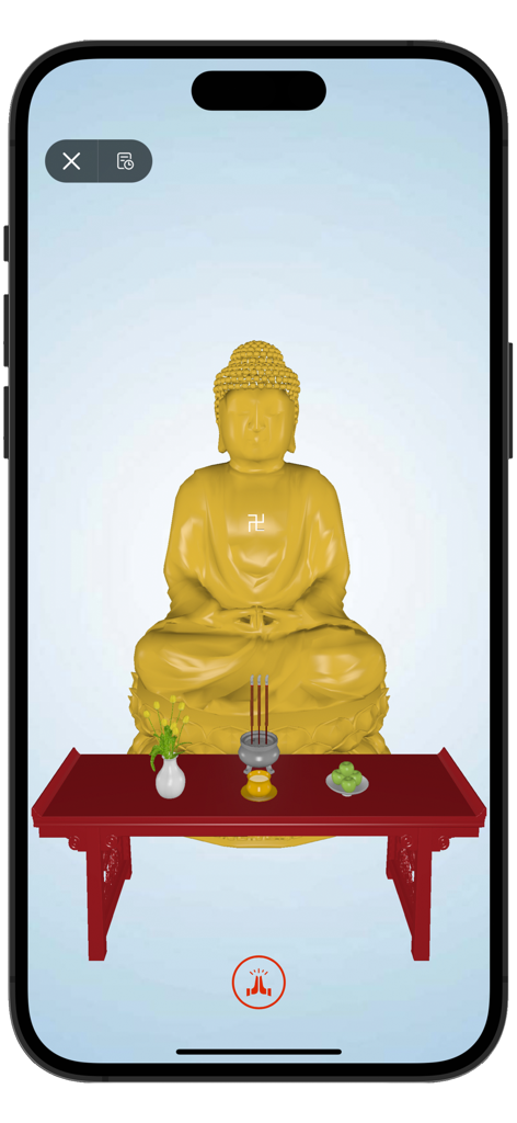A digital Buddhist altar featuring a golden Buddha statue, incense, and fruit offerings on a red table.