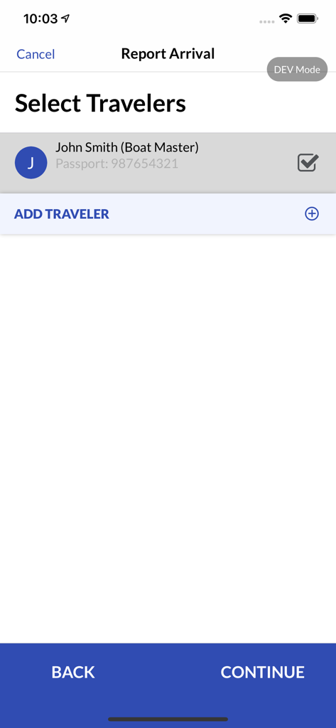 CBP ROAM - CBP ROAM app screen for selecting travelers to report arrival