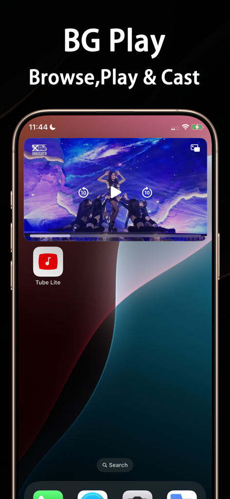 Float Tube：PiP for Video&Music - iPhone-Bildschirm zeigt die Float Tube App mit einem schwebenden Videofenster und Hintergrundwiedergabefunktion