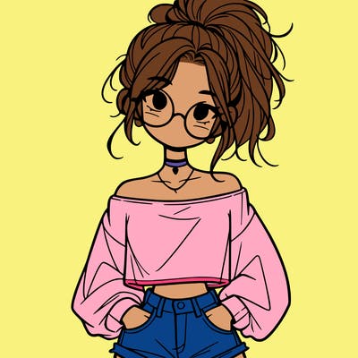 girl with a messy ponytail glasses a baggy crop top and jean shorts