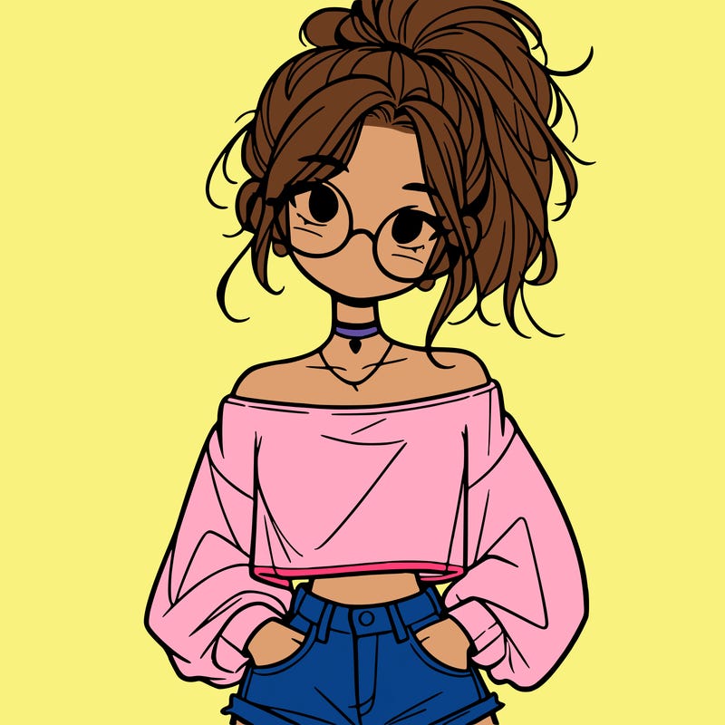 girl with a messy ponytail glasses a baggy crop top and jean shorts