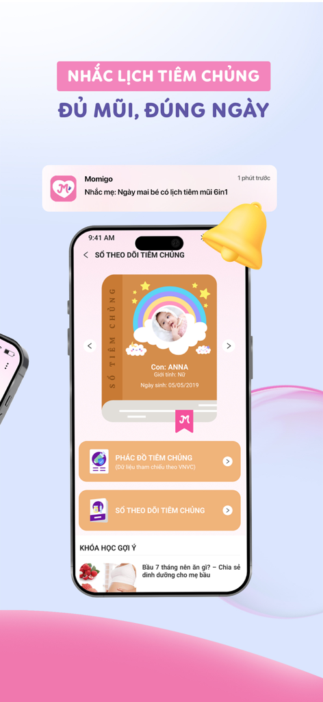 Momigo app interface for vaccination schedule reminders and tracking