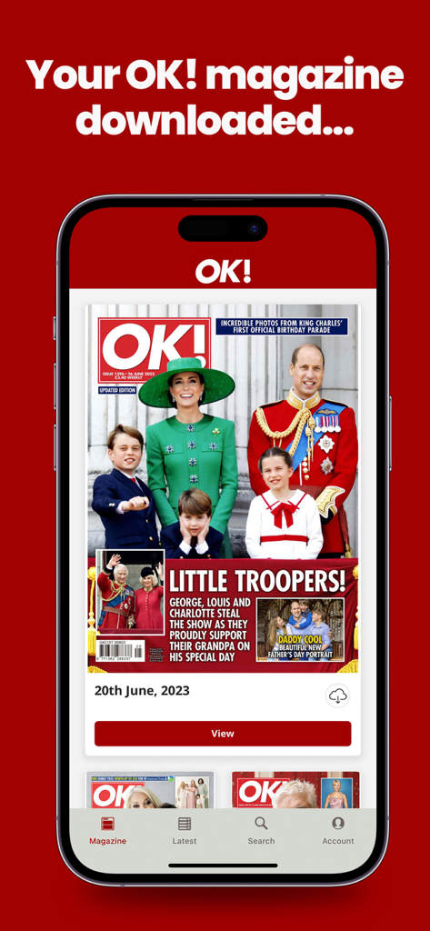 iPhone-Bildschirm mit einer heruntergeladenen OK!-Magazin-Ausgabe mit der britischen Königsfamilie auf dem Cover