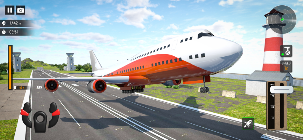 Flight Pilot Airplane Games 23 - A large commercial airplane taking off from a runway in a flight pilot simulation game with a lighthouse and control towers in the background.