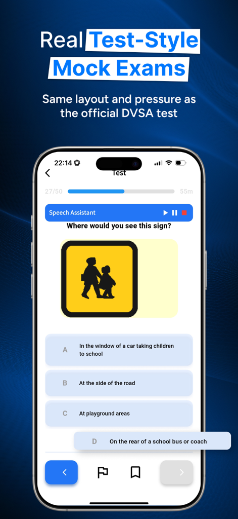 Theory Test Hero UK 2026 - Theory Test Hero UK app interface showing a driving theory mock exam question with a road sign