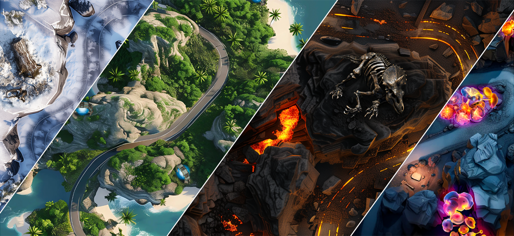 Max Speed: 3D Stunt Race - A top down collage showing four unique racing tracks from Max Speed 3D Stunt Race including snow tropical volcanic and magical themes