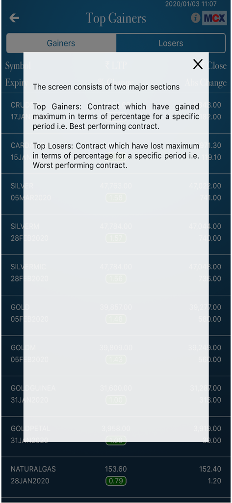 Information popup on MCX app explaining top gainers and losers for commodity contracts