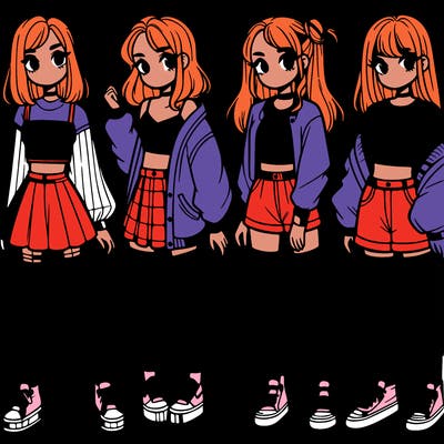 one girl with crop-top shirt and a jacket with a skirt, long socks and another girl with a shirt and pants with a jacket