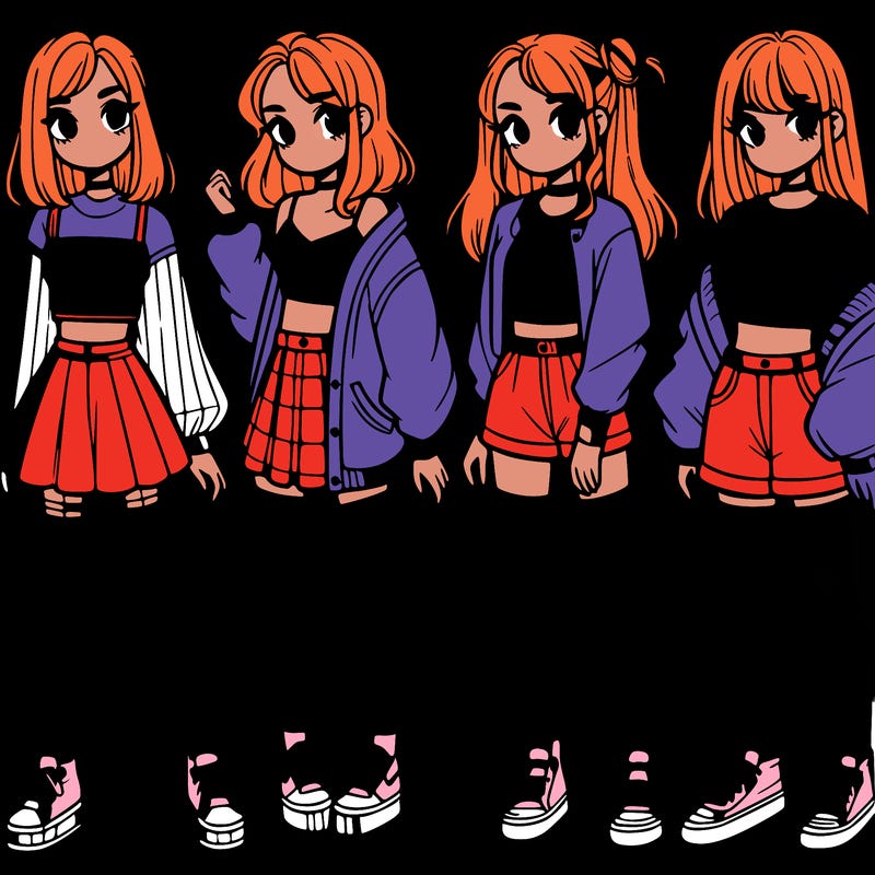 one girl with crop-top shirt and a jacket with a skirt, long socks and another girl with a shirt and pants with a jacket