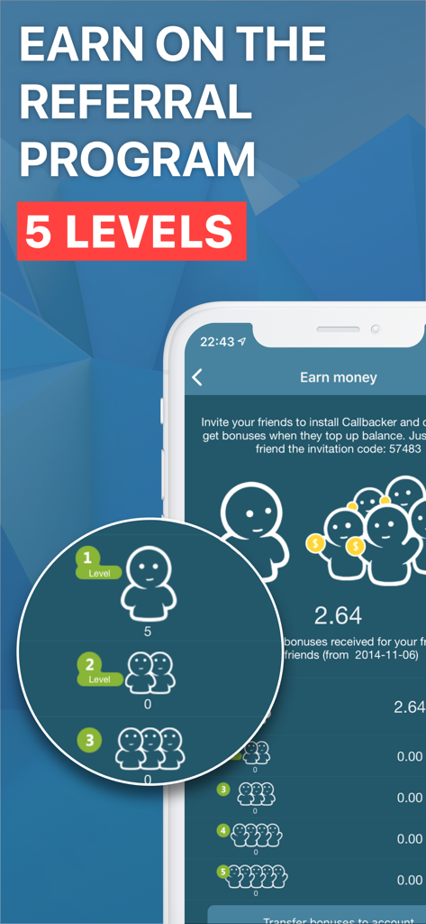 Screenshot showing Callbacker five level referral program for earning rewards