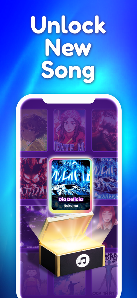 Magic Level 9: Tap Piano Game - マジックレベル9ピアノゲームで宝箱から新しい曲のロックを解除しているスマートフォンの画面。