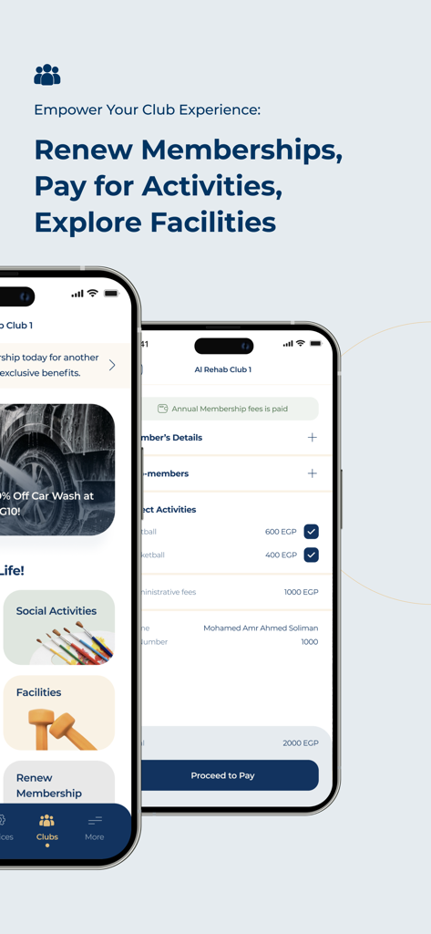 Interfaz de la aplicación móvil TMG Life que muestra opciones de pago de actividades y renovación de membresía de club