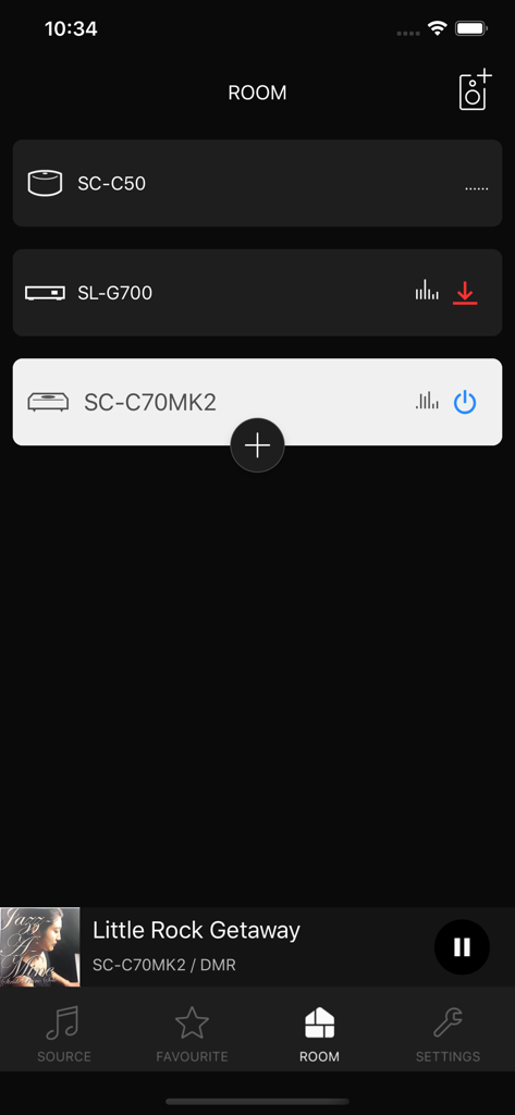 Technics Audio Center - Ecrã de seleção de sala da aplicação Technics Audio Center a mostrar dispositivos ligados como o SC-C50, SL-G700 e SC-C70MK2