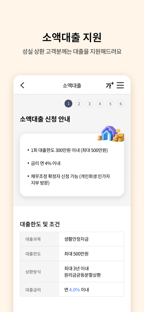 신용회복위원회 - Information screen for micro-loan support and conditions within the Credit Counseling and Recovery Service app