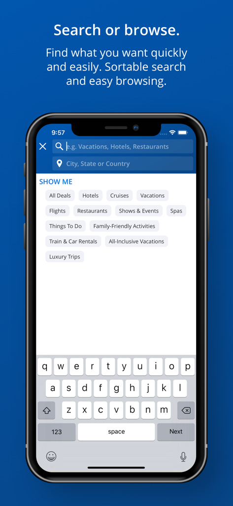 Travelzoo Hotel & Travel Deals - Interfaz de búsqueda de la aplicación Travelzoo que muestra categorías para hoteles de lujo, cruceros y ofertas de spa.