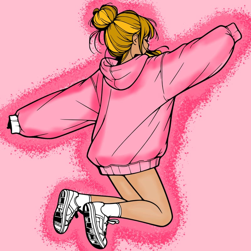 realistic girl jumping with a bun and oversized sweatshirt