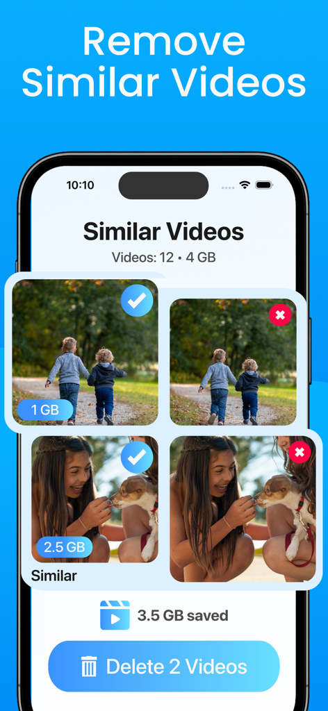 Cleanup Pro interface showing the selection and deletion of similar videos to save storage space.