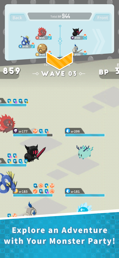 EGGRYPTO: Hatch! Own! Monster - A battle scene in EGGRYPTO showing a monster party during a quest with health bars and wave indicators.