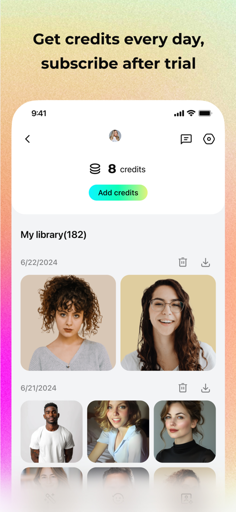 Pica AI App-Bildschirm zeigt die Benutzerfoto-Bibliothek und den Guthabenstand