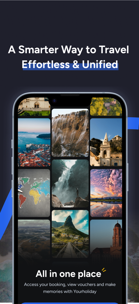 YourHoliday - YourHoliday app screen showing a collection of scenic travel photos and booking management features