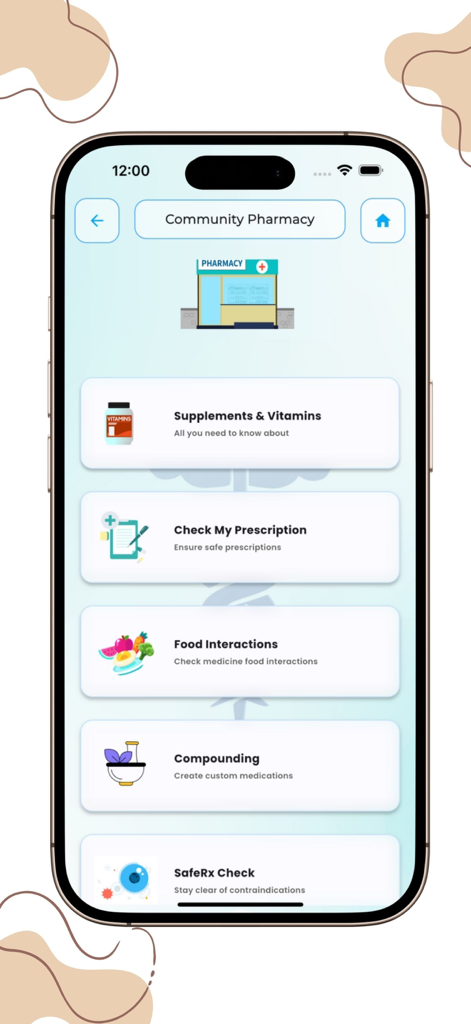 MediHelp: Drug Guide & Dosing - MediHelp mobile app showing the Community Pharmacy menu with prescription and food interaction tools