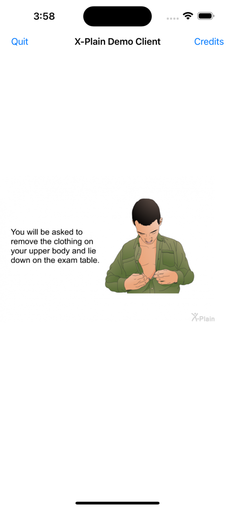 X-Plain educational tutorial showing a patient preparing for a medical exam