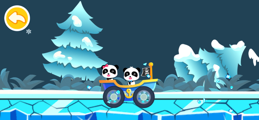 Baby Panda Car Racing - Two baby pandas driving a blue pirate-themed car through a snowy frozen land
