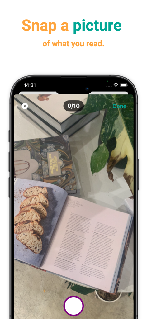 ReadnQuiz mobile app interface showing a user snapping a picture of an open book page