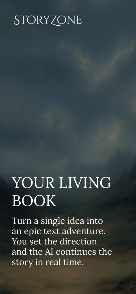 Intro screen for StoryZone AI RPG titled Your Living Book with description of AI-driven text adventures