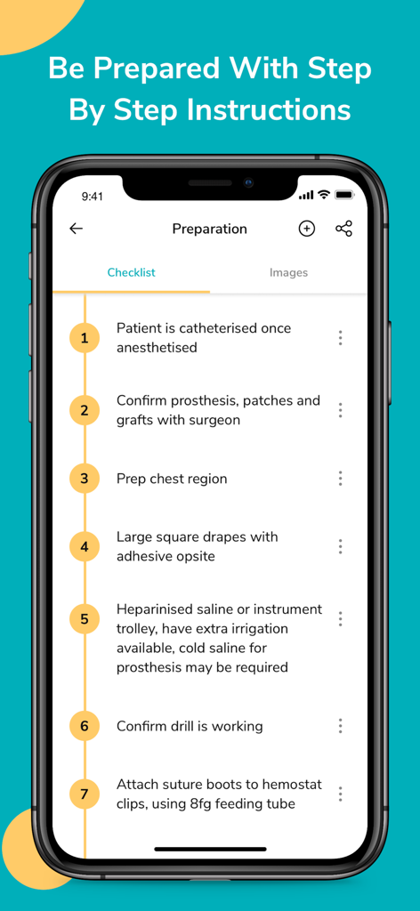 ScrubUp Surgical Procedures - ScrubUp app screen displaying a numbered surgical preparation checklist with step by step instructions