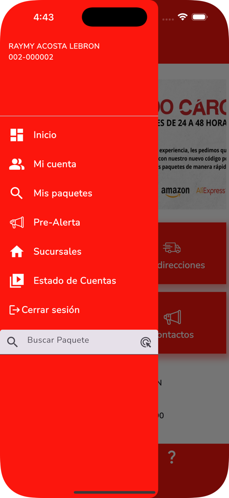 Menu de navegação lateral do aplicativo Mundo Cargo com opções de conta e rastreamento de pacotes.