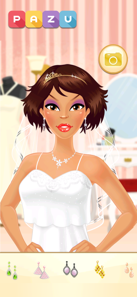A cartoon bride wearing a white wedding dress and veil with a selection of earrings at the bottom