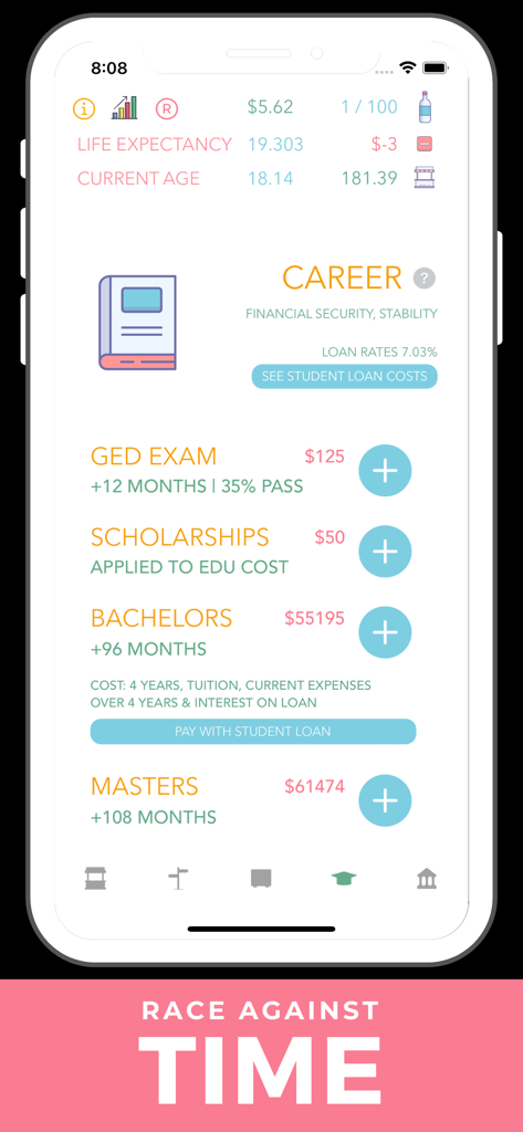 Hobo Real Life Simulator career and education menu showing degree options and student loan costs