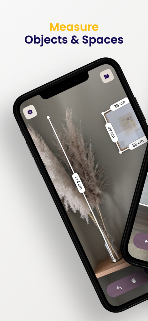 Measure Tools: AR Ruler Camera - Pantalla de smartphone mostrando la aplicación Herramientas de Medición usando AR para medir una planta decorativa y un marco de fotos en una pared.
