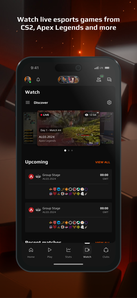 Interface de l'application FACEIT montrant les tournois esports en direct et à venir pour des jeux comme Apex Legends