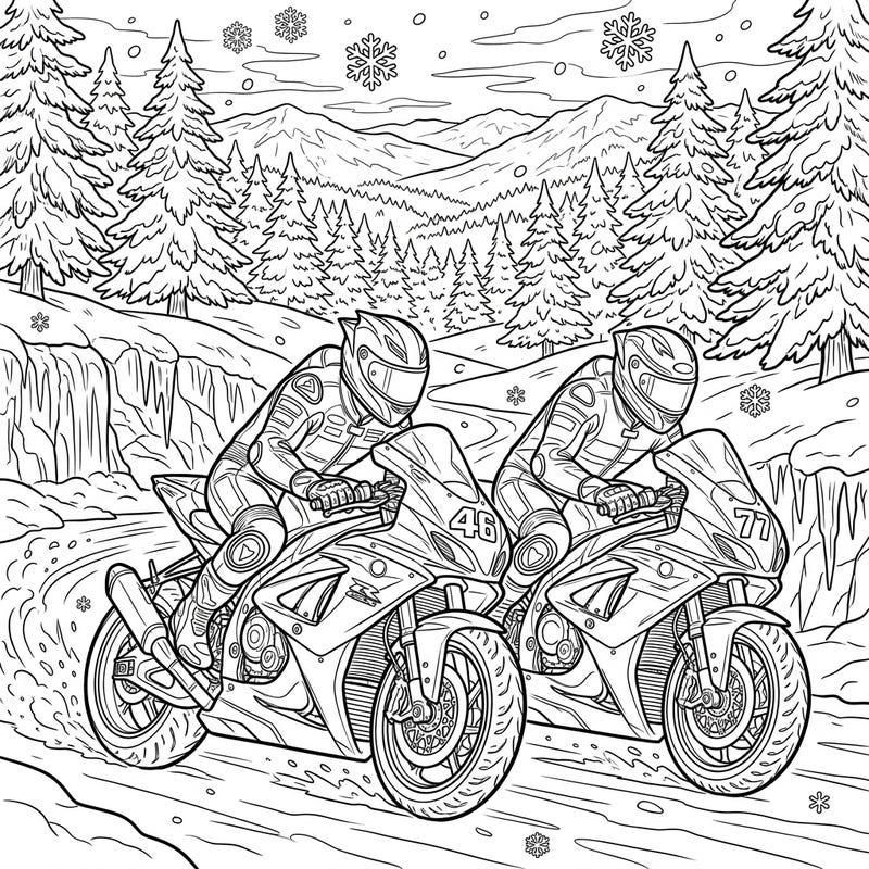Experience the exhilarating speed of superbike racing amidst a breathtaking winter landscape. This dynamic coloring page captures two riders navigating a snowy, icy track, perfect for an adventurous coloring session.