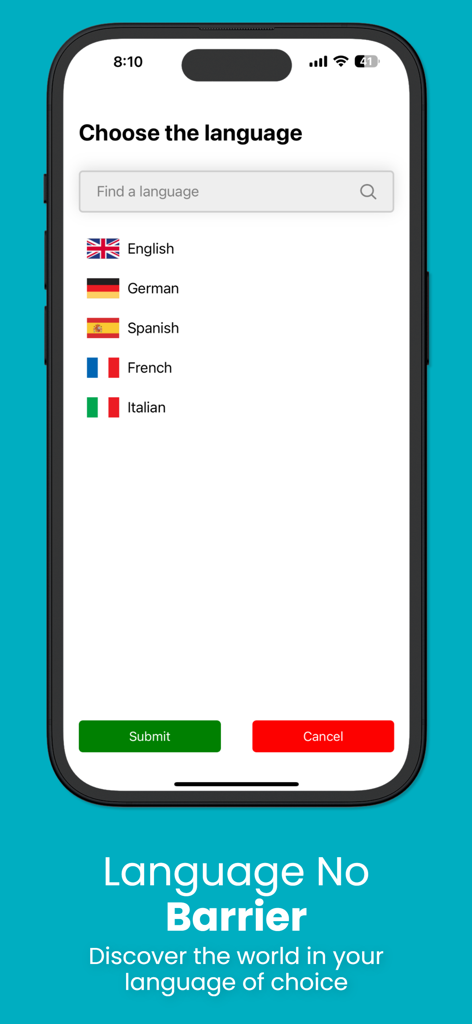 Trippy Tour Guide app screen for selecting a preferred tour language with various flag icons and options like English, German, and Spanish